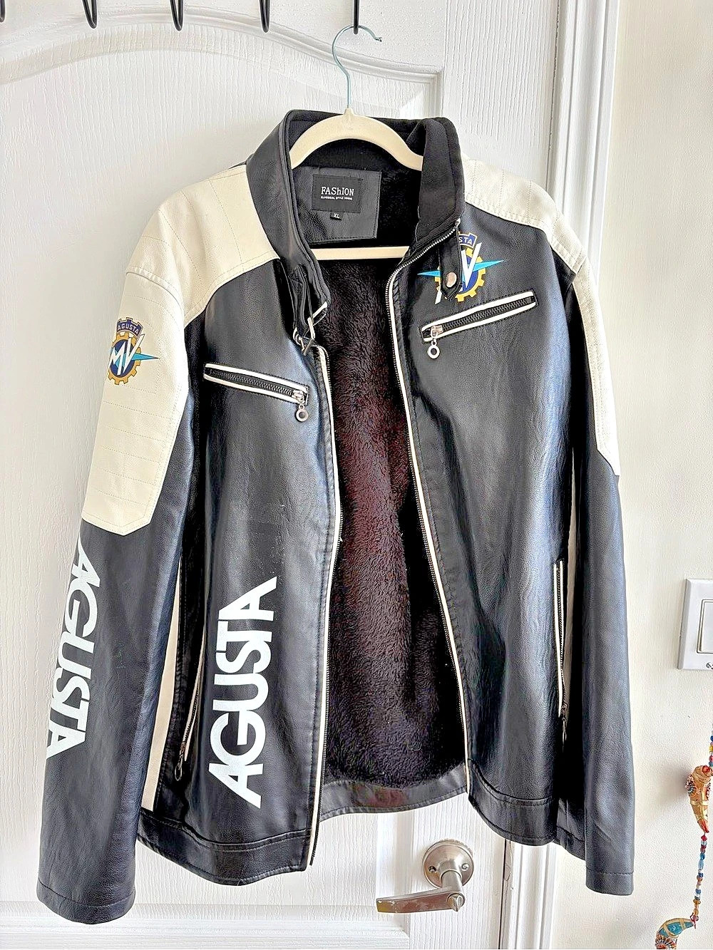 Vintage Leather Jacket in Black & White Motorcycle